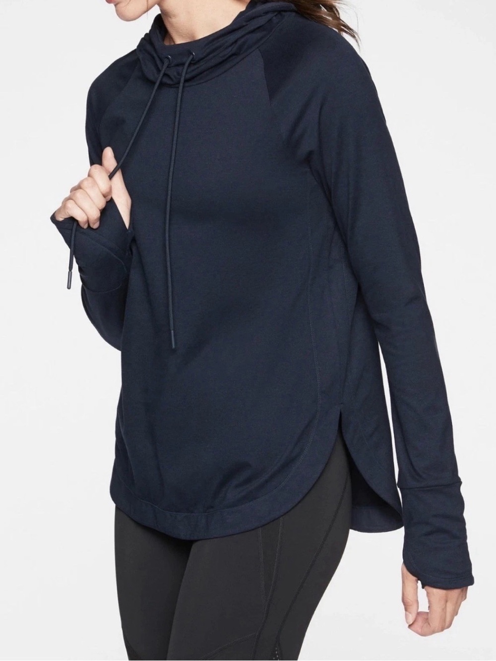 Athleta Uptempo Hoodie Sweatshirt Top Size M Navy Blue Drawstring Long Sleeve